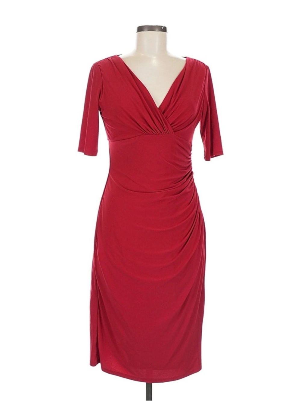 Evan Picone Red Draped V-Neck Midi Dress